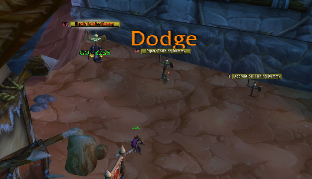 GO label under the Heroic Training Dummy, a pet's Dodge over the Expert Training Dummy