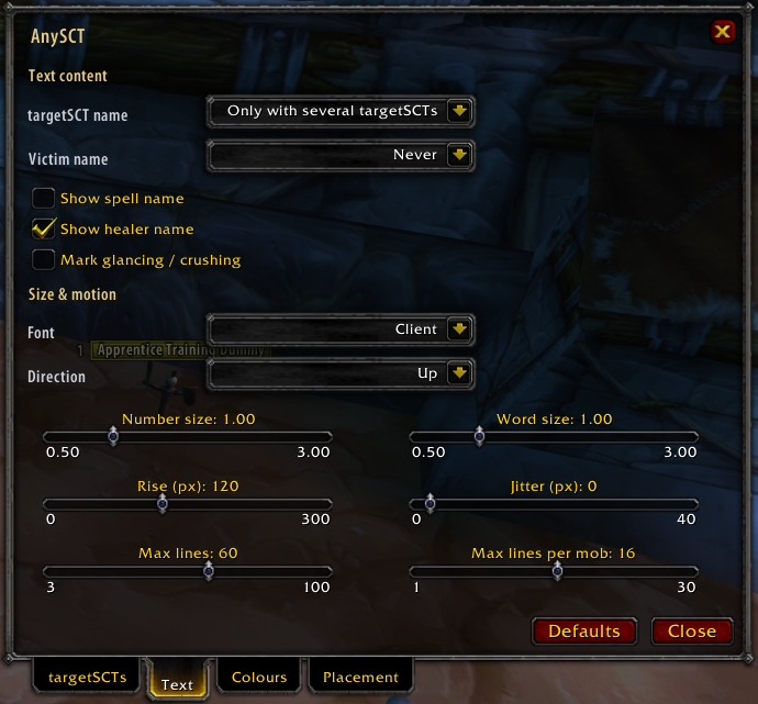 Options window, Text tab