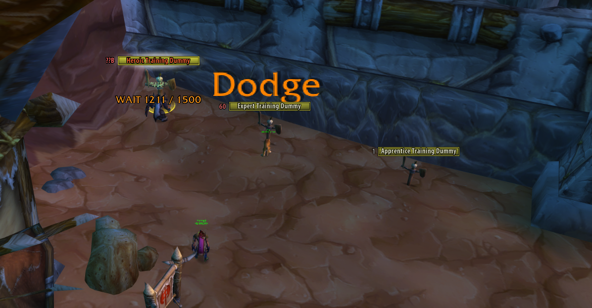 WAIT label under the Heroic Training Dummy, a Dodge over the Expert Training Dummy