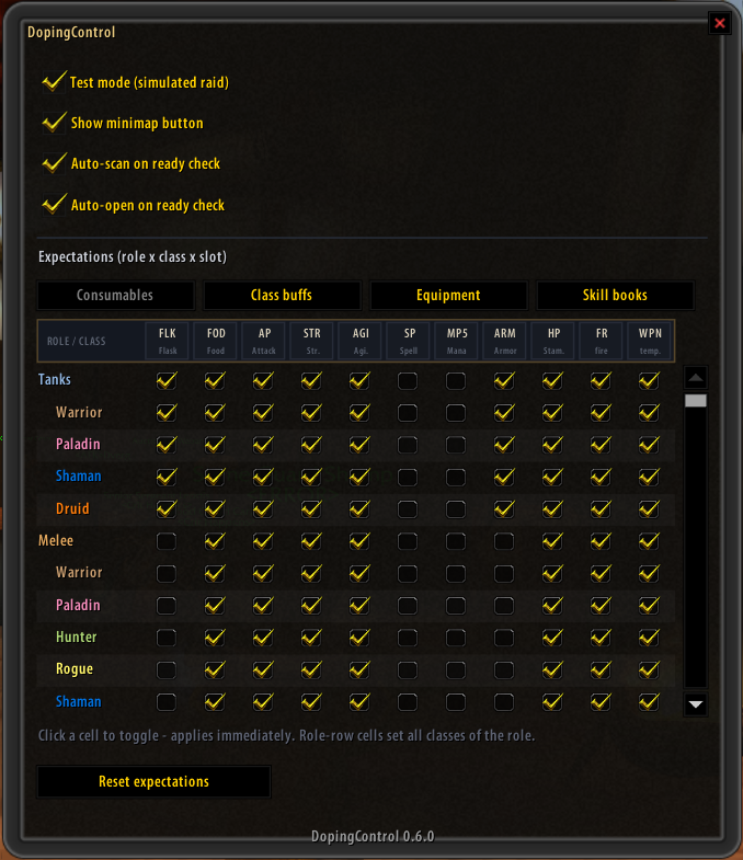 Options panel