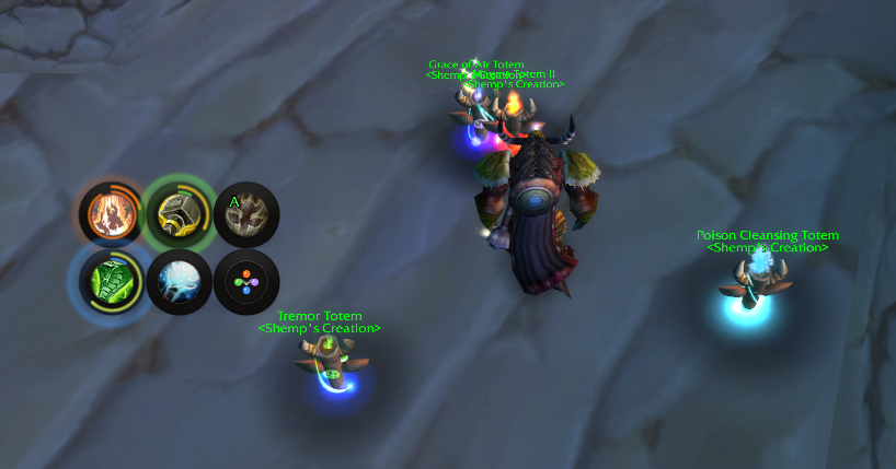 TotemBar in action: round slots with duration and pulse rings, totems placed in the world