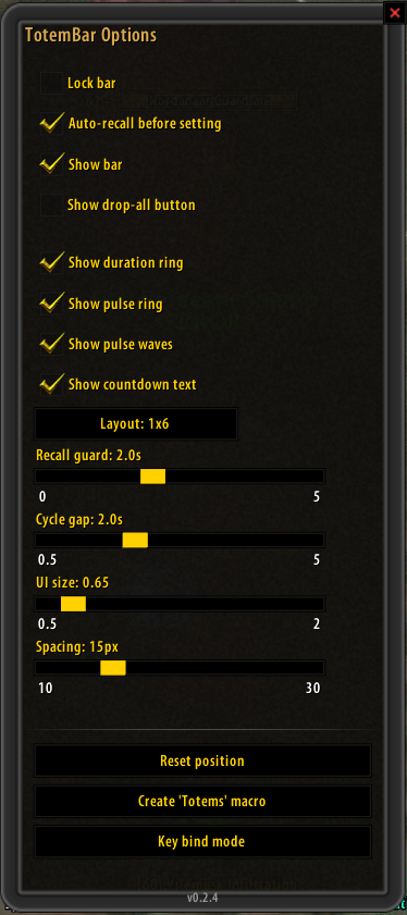Options panel