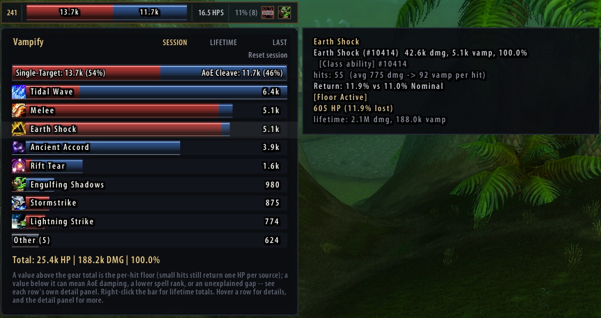 The breakdown panel with one ability's detail open